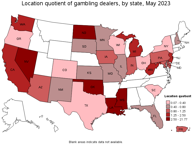 Map of location quotient of gambling dealers by state, May 2022