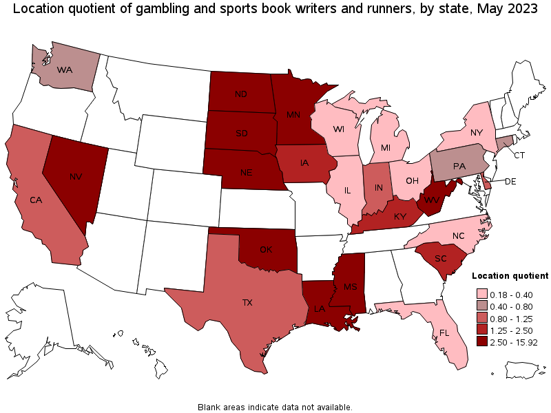 Map of location quotient of gambling and sports book writers and runners by state, May 2021