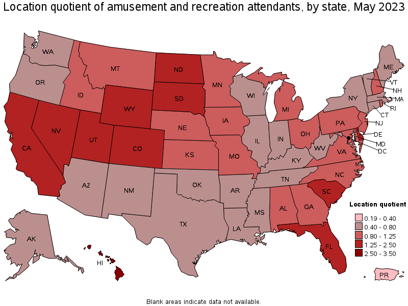 Map of location quotient of amusement and recreation attendants by state, May 2022