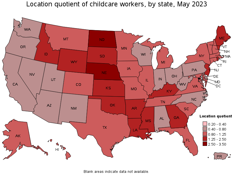 Map of location quotient of childcare workers by state, May 2021