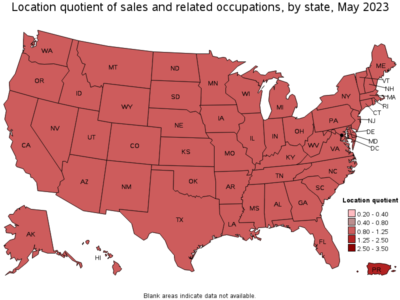 Map of location quotient of sales and related occupations by state, May 2022