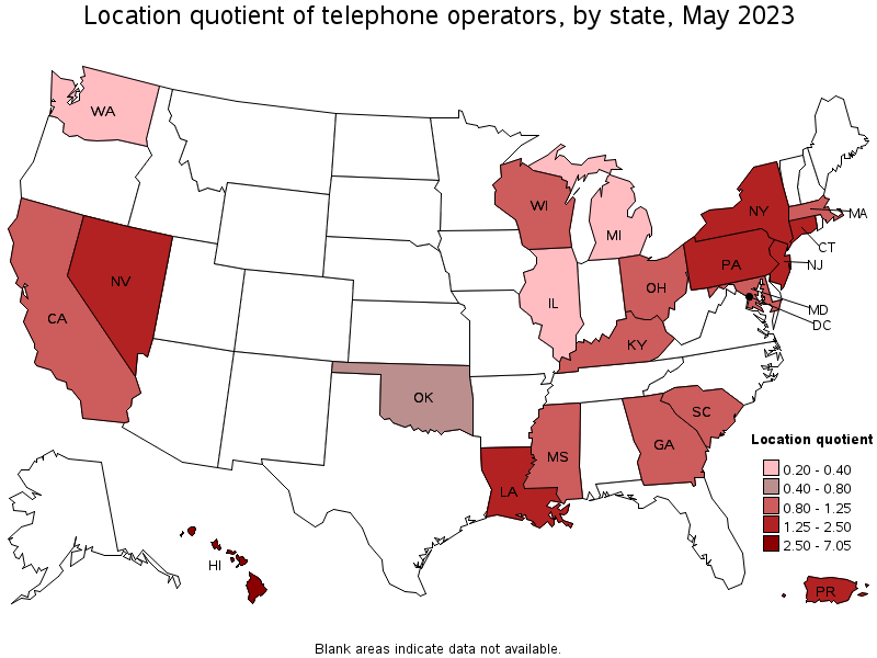 Map of location quotient of telephone operators by state, May 2023