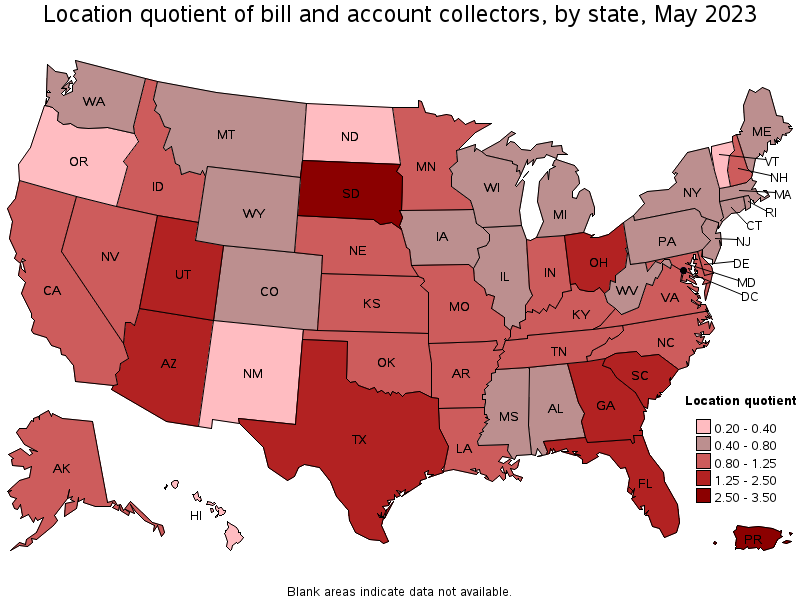 Map of location quotient of bill and account collectors by state, May 2022