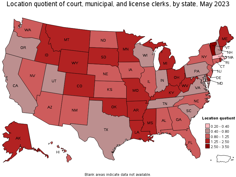Map of location quotient of court, municipal, and license clerks by state, May 2022