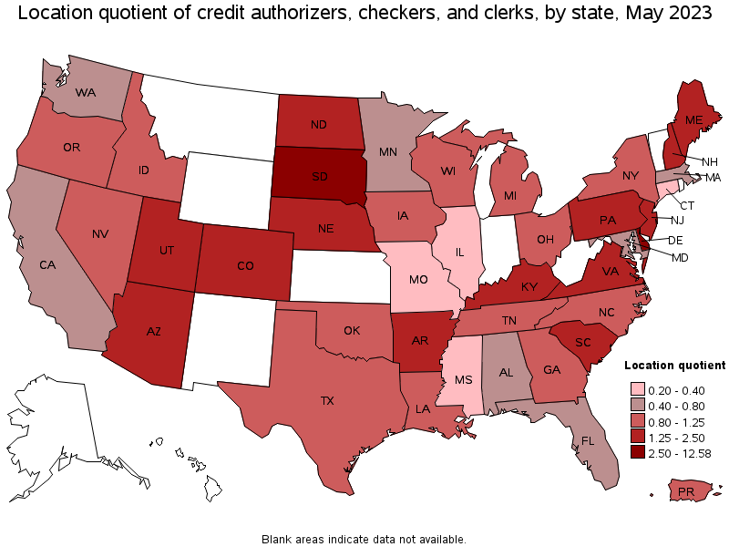 Map of location quotient of credit authorizers, checkers, and clerks by state, May 2022