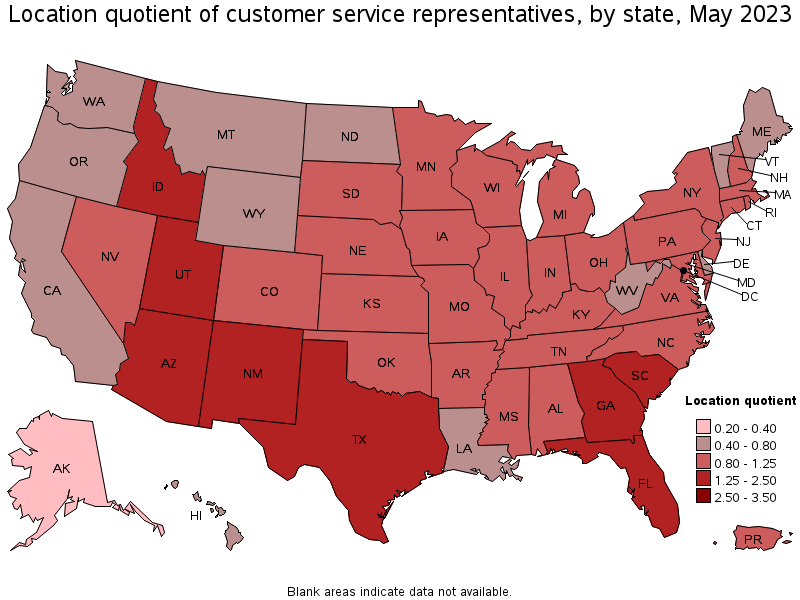 Map of location quotient of customer service representatives by state, May 2022