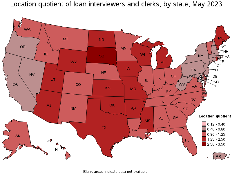 Map of location quotient of loan interviewers and clerks by state, May 2022