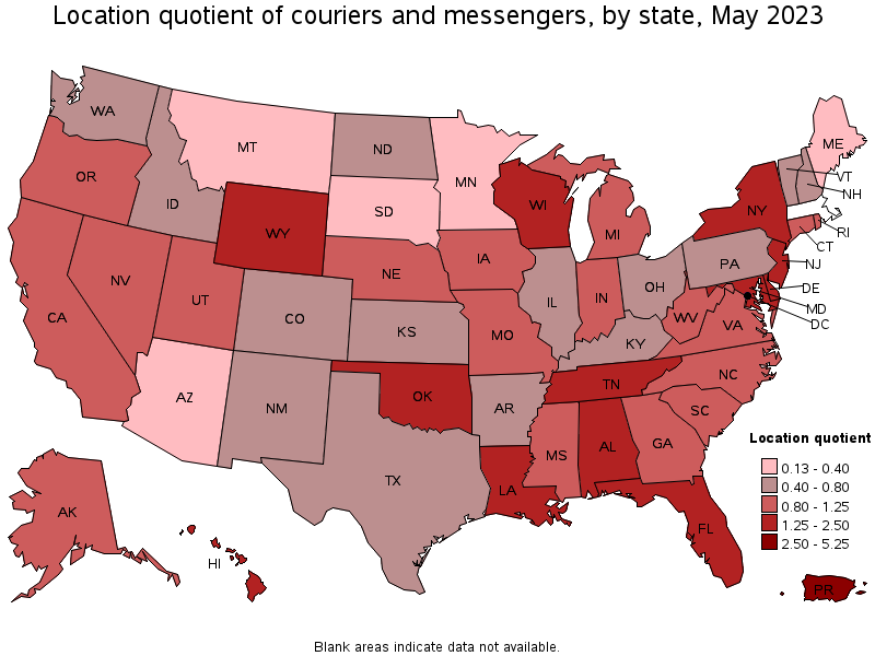 Map of location quotient of couriers and messengers by state, May 2022