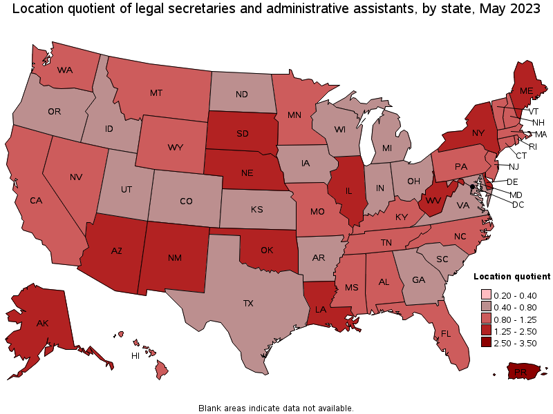 Map of location quotient of legal secretaries and administrative assistants by state, May 2021
