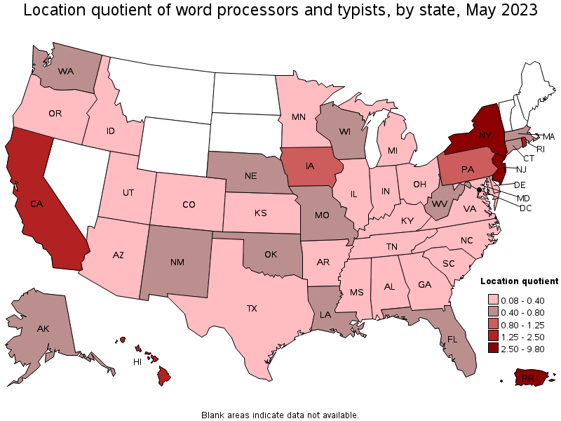 Map of location quotient of word processors and typists by state, May 2022