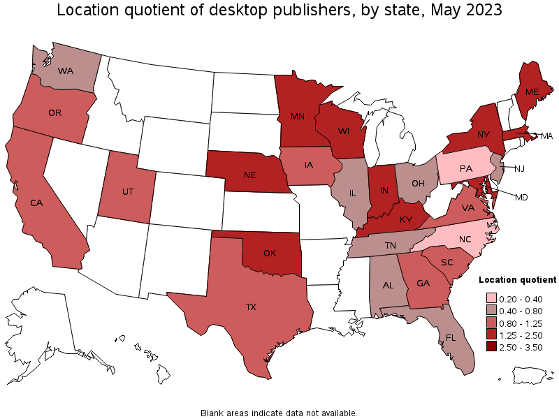 Map of location quotient of desktop publishers by state, May 2022