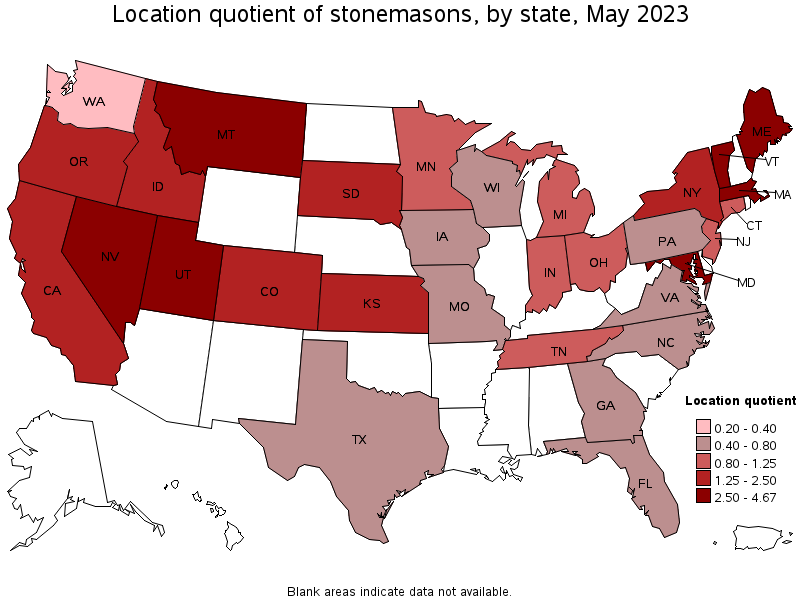 Map of location quotient of stonemasons by state, May 2022