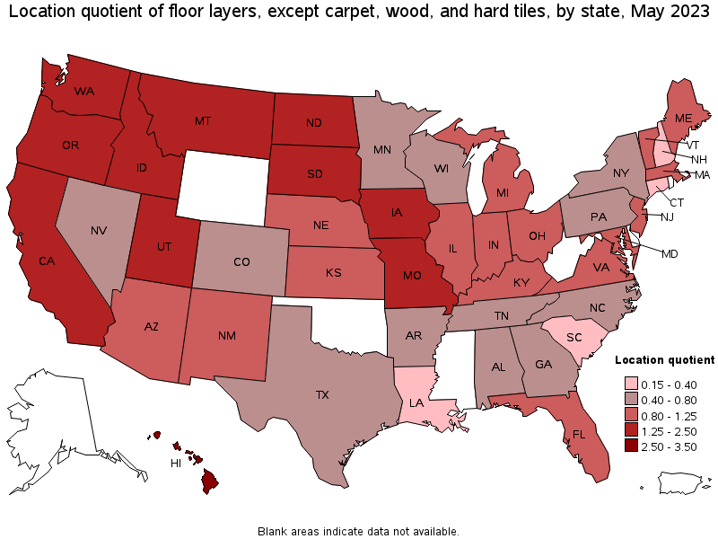 Map of location quotient of floor layers, except carpet, wood, and hard tiles by state, May 2021
