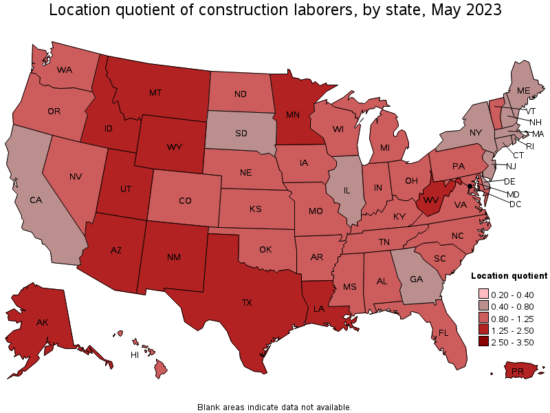 Map of location quotient of construction laborers by state, May 2021