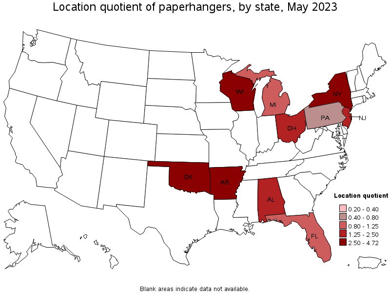 Map of location quotient of paperhangers by state, May 2021