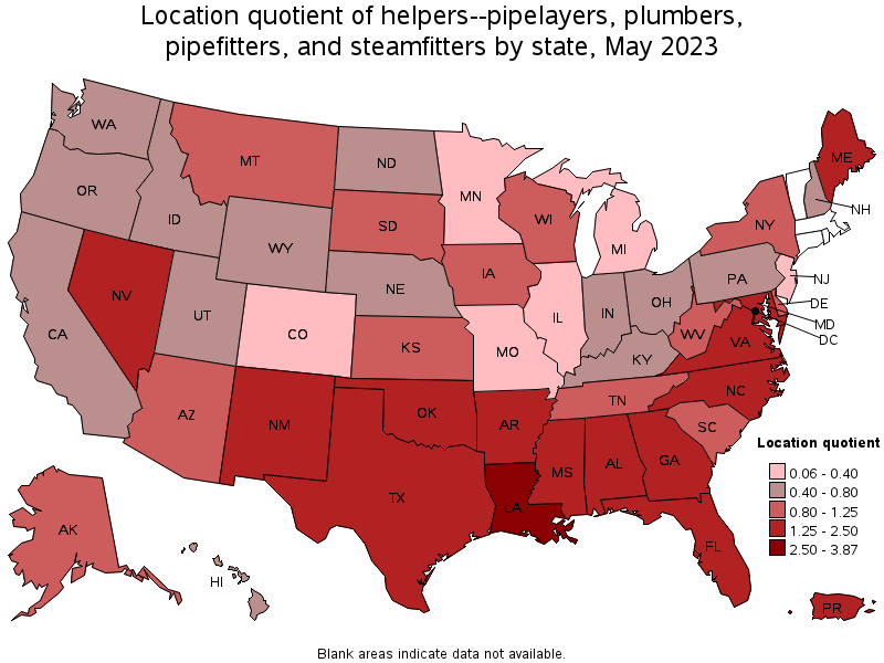 Map of location quotient of helpers--pipelayers, plumbers, pipefitters, and steamfitters by state, May 2022