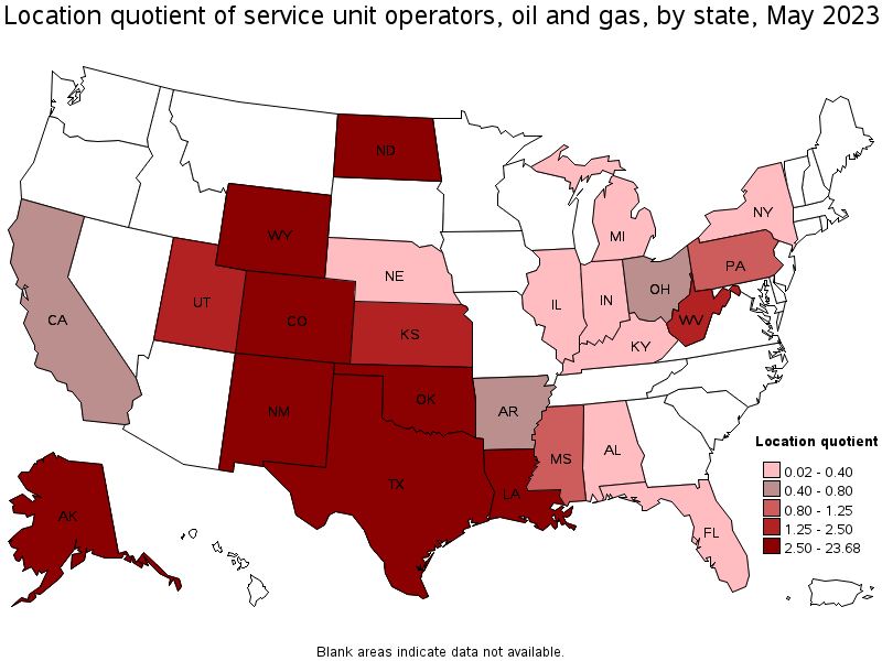 Map of location quotient of service unit operators, oil and gas by state, May 2022