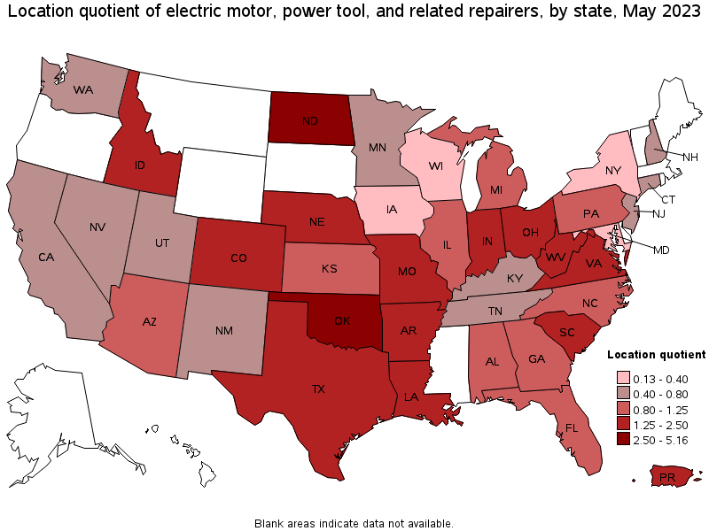 Map of location quotient of electric motor, power tool, and related repairers by state, May 2022