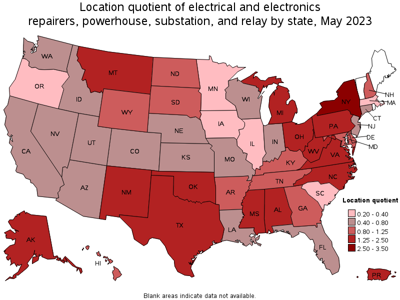 Map of location quotient of electrical and electronics repairers, powerhouse, substation, and relay by state, May 2021