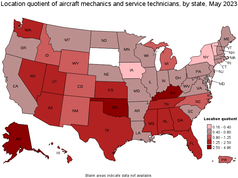 Map of location quotient of aircraft mechanics and service technicians by state, May 2021