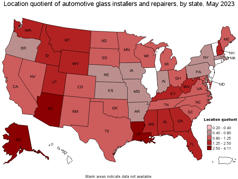 Map of location quotient of automotive glass installers and repairers by state, May 2022
