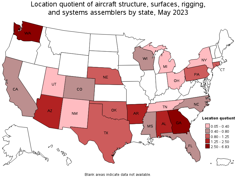 Map of location quotient of aircraft structure, surfaces, rigging, and systems assemblers by state, May 2021