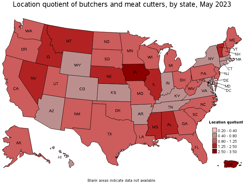 Map of location quotient of butchers and meat cutters by state, May 2021