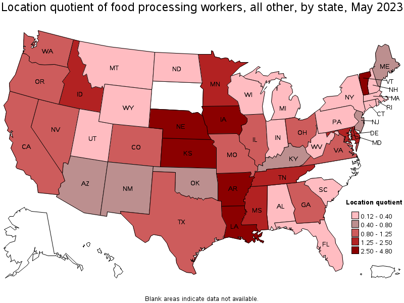 Map of location quotient of food processing workers, all other by state, May 2022
