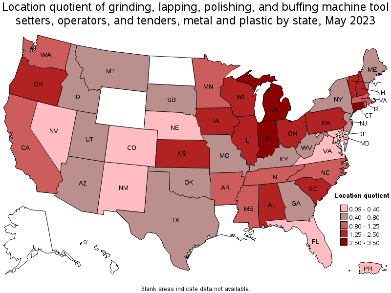 Map of location quotient of grinding, lapping, polishing, and buffing machine tool setters, operators, and tenders, metal and plastic by state, May 2022
