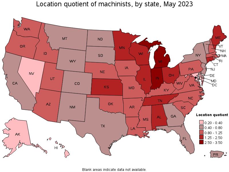 Map of location quotient of machinists by state, May 2021