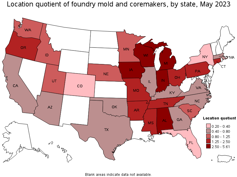 Map of location quotient of foundry mold and coremakers by state, May 2021
