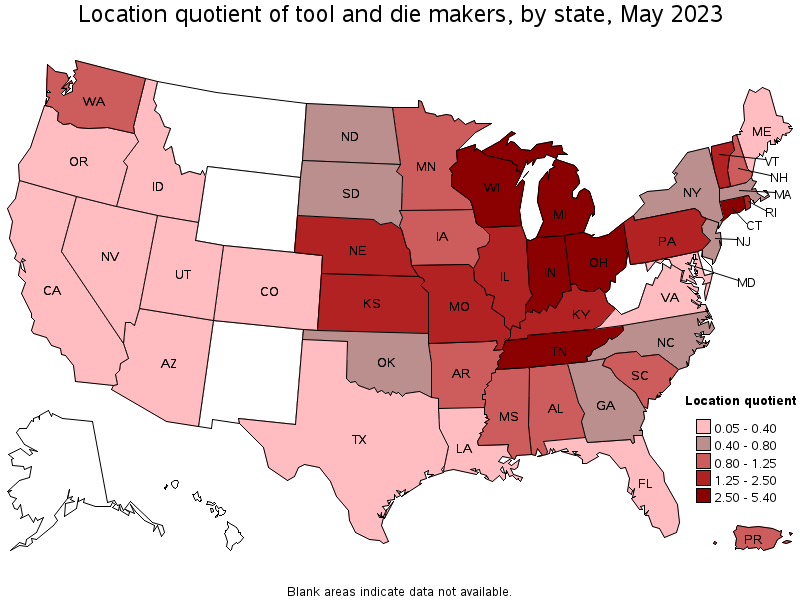 Map of location quotient of tool and die makers by state, May 2022