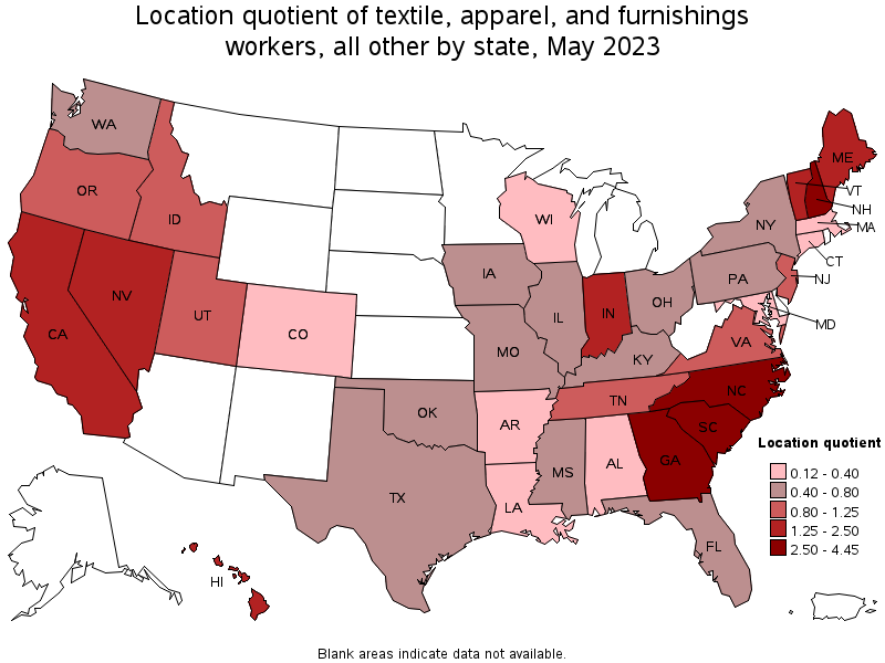 Map of location quotient of textile, apparel, and furnishings workers, all other by state, May 2022