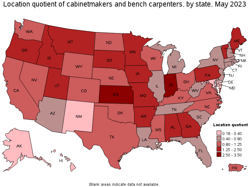 Map of location quotient of cabinetmakers and bench carpenters by state, May 2022