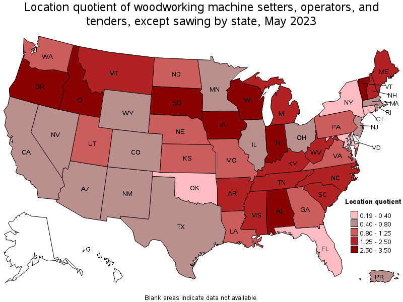 Map of location quotient of woodworking machine setters, operators, and tenders, except sawing by state, May 2022