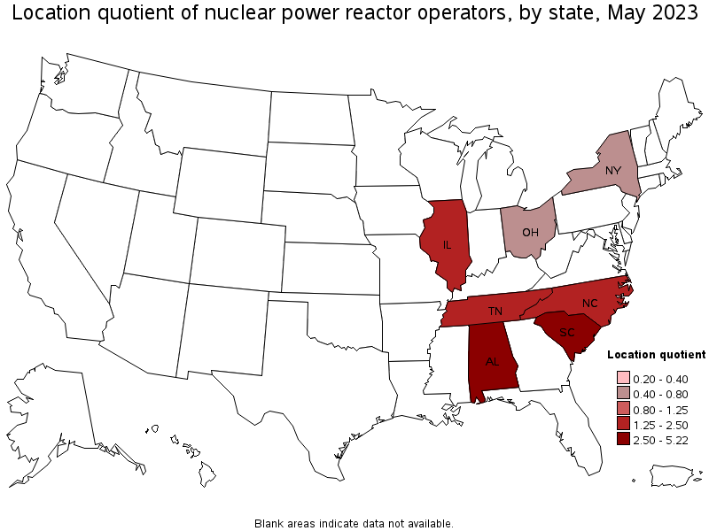 Map of location quotient of nuclear power reactor operators by state, May 2021