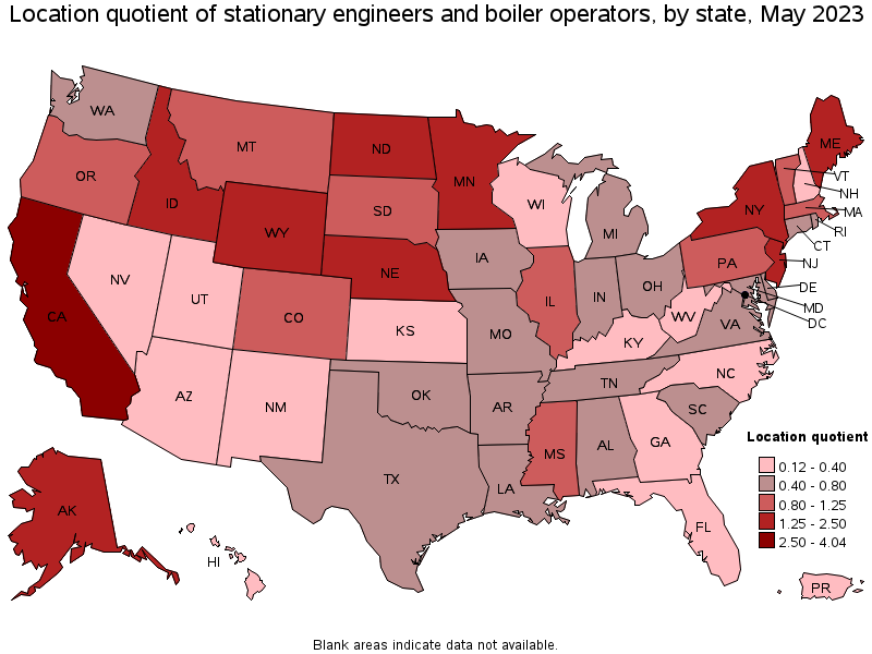 Map of location quotient of stationary engineers and boiler operators by state, May 2022