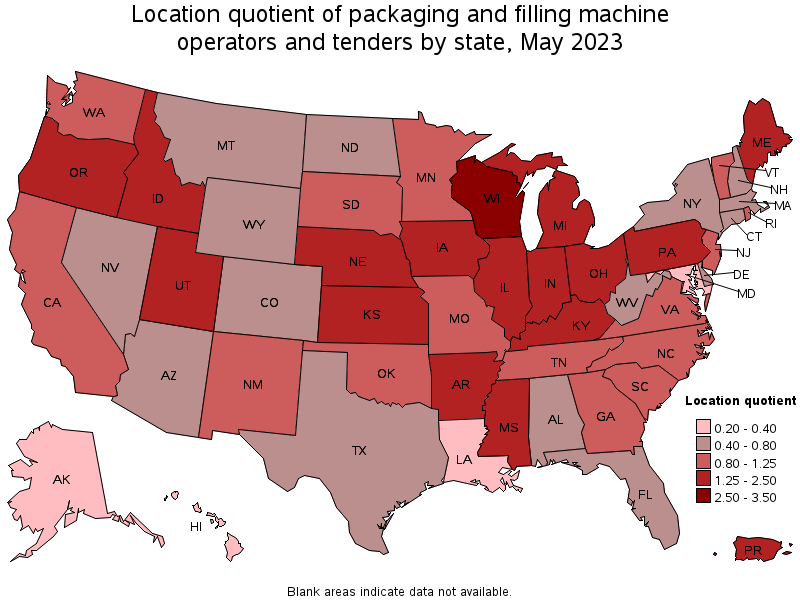 Map of location quotient of packaging and filling machine operators and tenders by state, May 2022