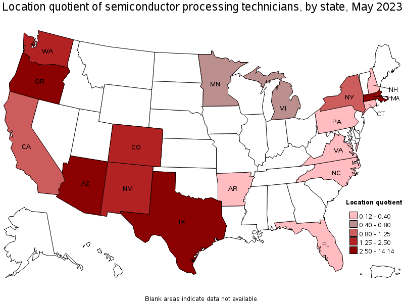 Map of location quotient of semiconductor processing technicians by state, May 2021