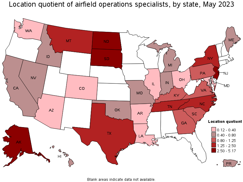 Map of location quotient of airfield operations specialists by state, May 2022
