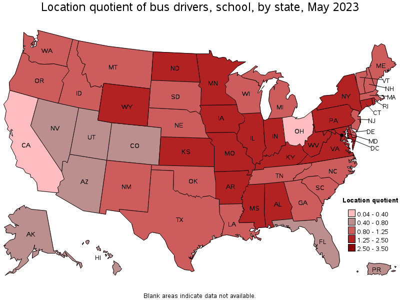 Map of location quotient of bus drivers, school by state, May 2022
