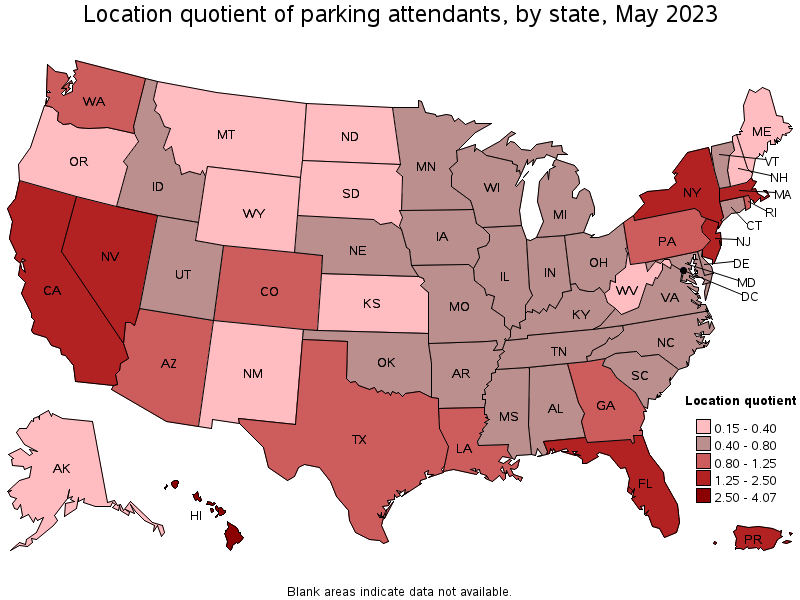 Map of location quotient of parking attendants by state, May 2021
