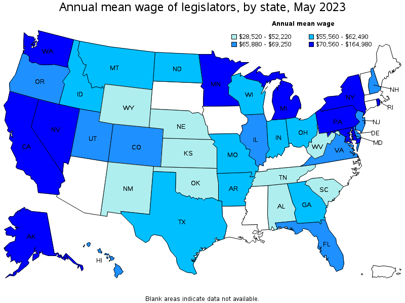 Map of annual mean wages of legislators by state, May 2021