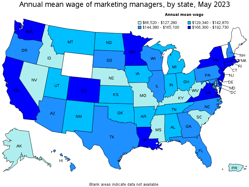 Map of annual mean wages of marketing managers by state, May 2021