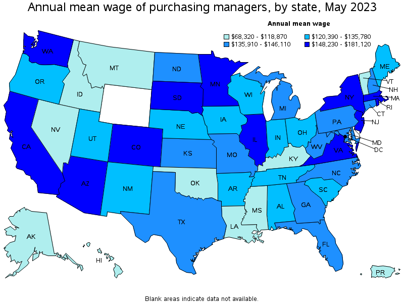 Map of annual mean wages of purchasing managers by state, May 2021