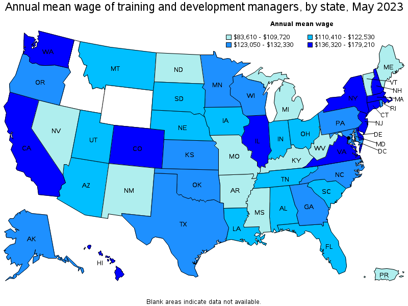 Map of annual mean wages of training and development managers by state, May 2022