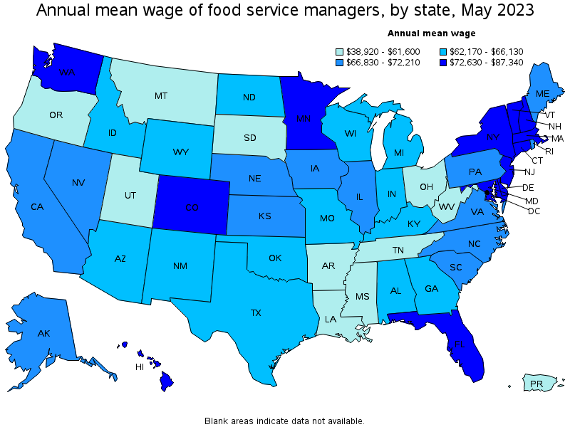 Map of annual mean wages of food service managers by state, May 2021