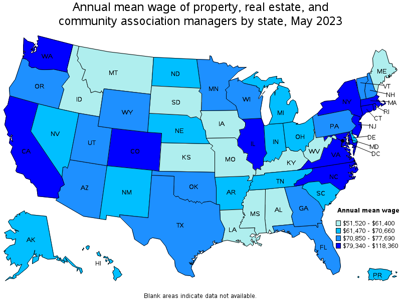 Map of annual mean wages of property, real estate, and community association managers by state, May 2021