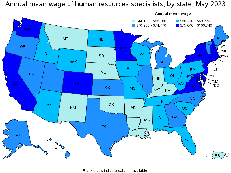 Map of annual mean wages of human resources specialists by state, May 2021