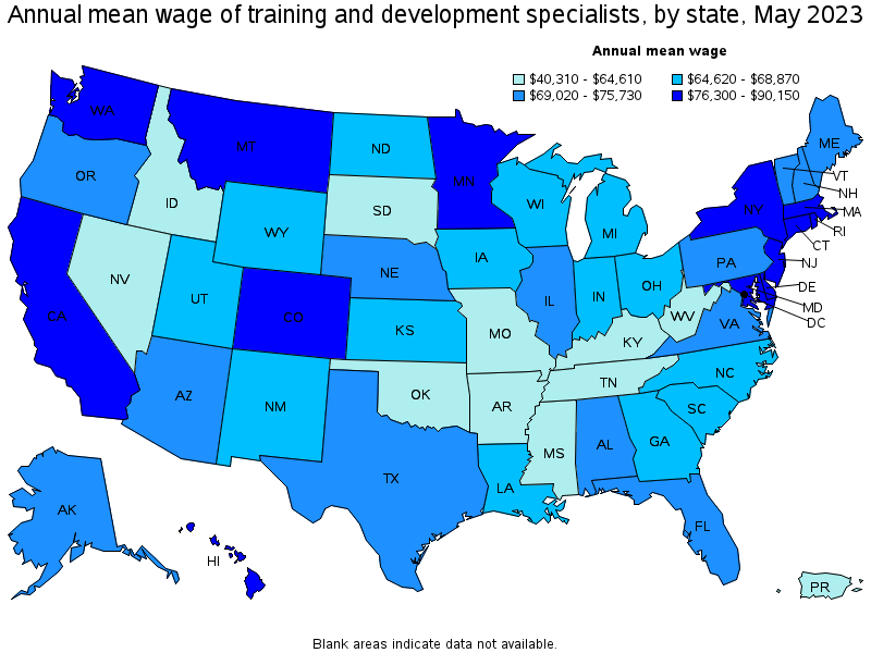 Map of annual mean wages of training and development specialists by state, May 2021